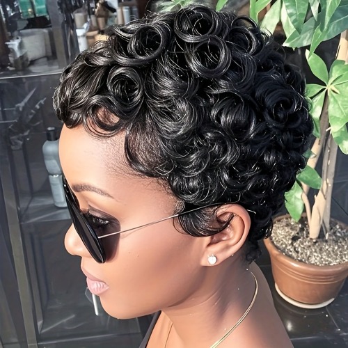 Chic Short Layered Pixie Curly Wigs Human Hair 6inch Pixie Cut Human Hair Wig With Bangs 99J Glueless Full Machine Made Natural