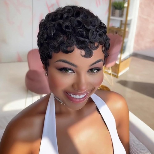 Chic Short Layered Pixie Curly Wigs Human Hair 6inch Pixie Cut Human Hair Wig With Bangs 99J Glueless Full Machine Made Natural