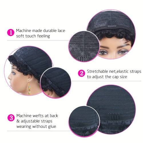 Chic Short Layered Pixie Curly Wigs Human Hair 6inch Pixie Cut Human Hair Wig With Bangs 99J Glueless Full Machine Made Natural