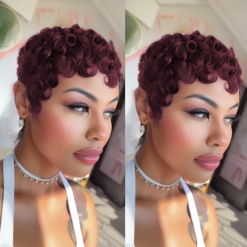 Chic Short Layered Pixie Curly Wigs Human Hair 6inch Pixie Cut Human Hair Wig With Bangs 99J Glueless Full Machine Made Natural