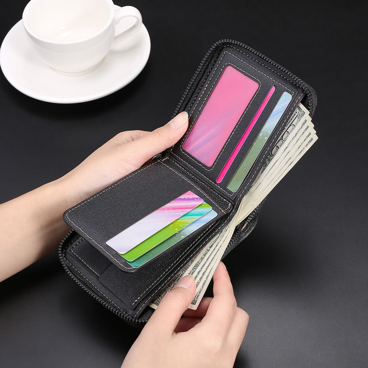 New Men's Business Fashion Leisure Multi functional Zipper Short Change Wallet Large Capacity Multi slot Wallet