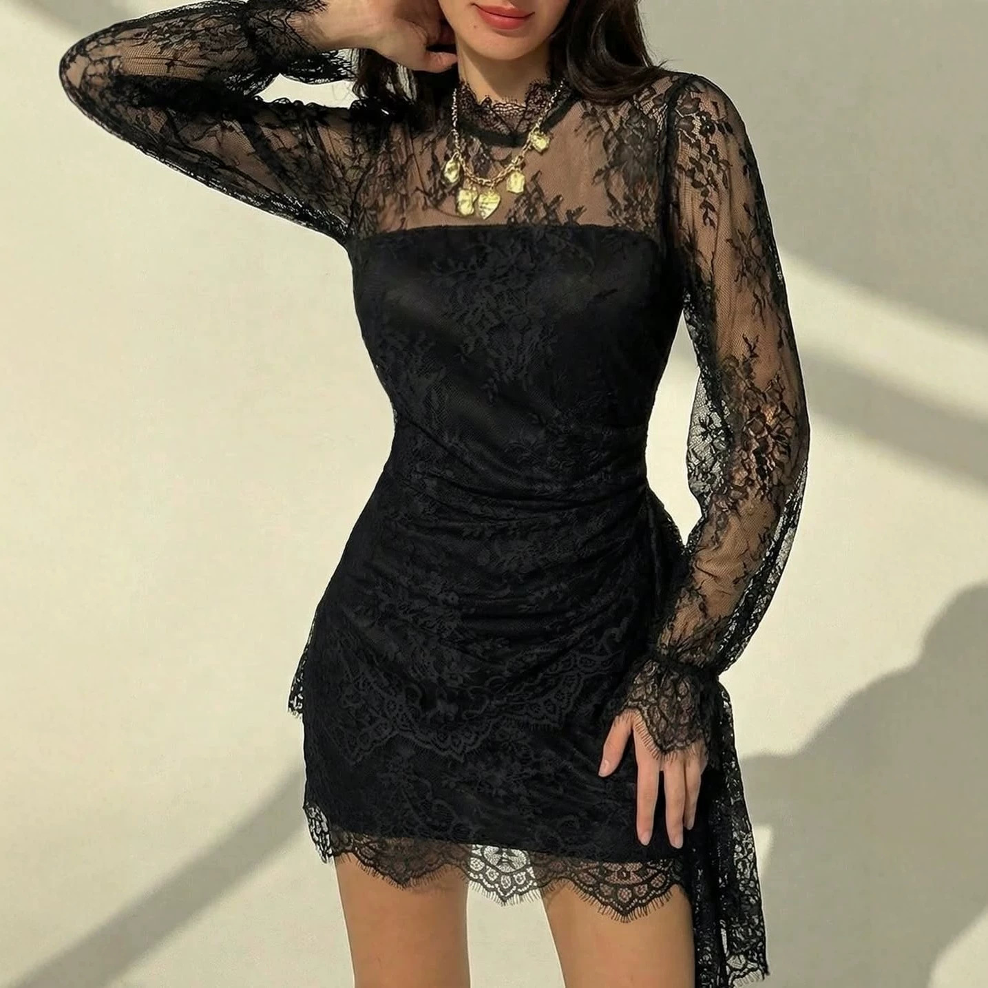 Free delivery of high-quality 2026 new summer women's clothing hot selling slim fit long sleeved lace hip hugging dress