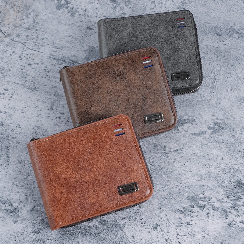 Men's wallet short style new solid color youth simple three fold wallet multifunctional student fashion zipper coin purse
