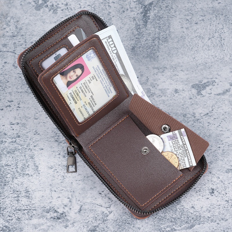 Men's wallet short style new solid color youth simple three fold wallet multifunctional student fashion zipper coin purse