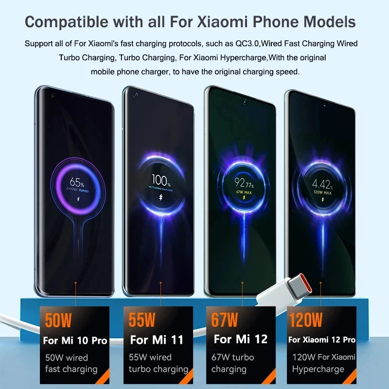 For Xiaomi 120W 100W 90W Charger Cable Usb Type C 6A Turbo Charge Wire For Mi 17 Pro Max 14 13 Ultra Poco F8 X8 Redmi Note 15