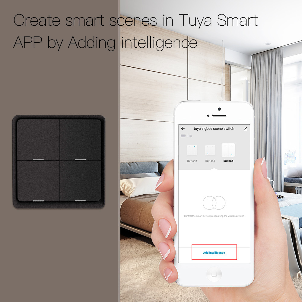 Graffiti smart home Zigbee scene intelligent switch with 4 keys, free pasting switch, timed wireless scene switch
