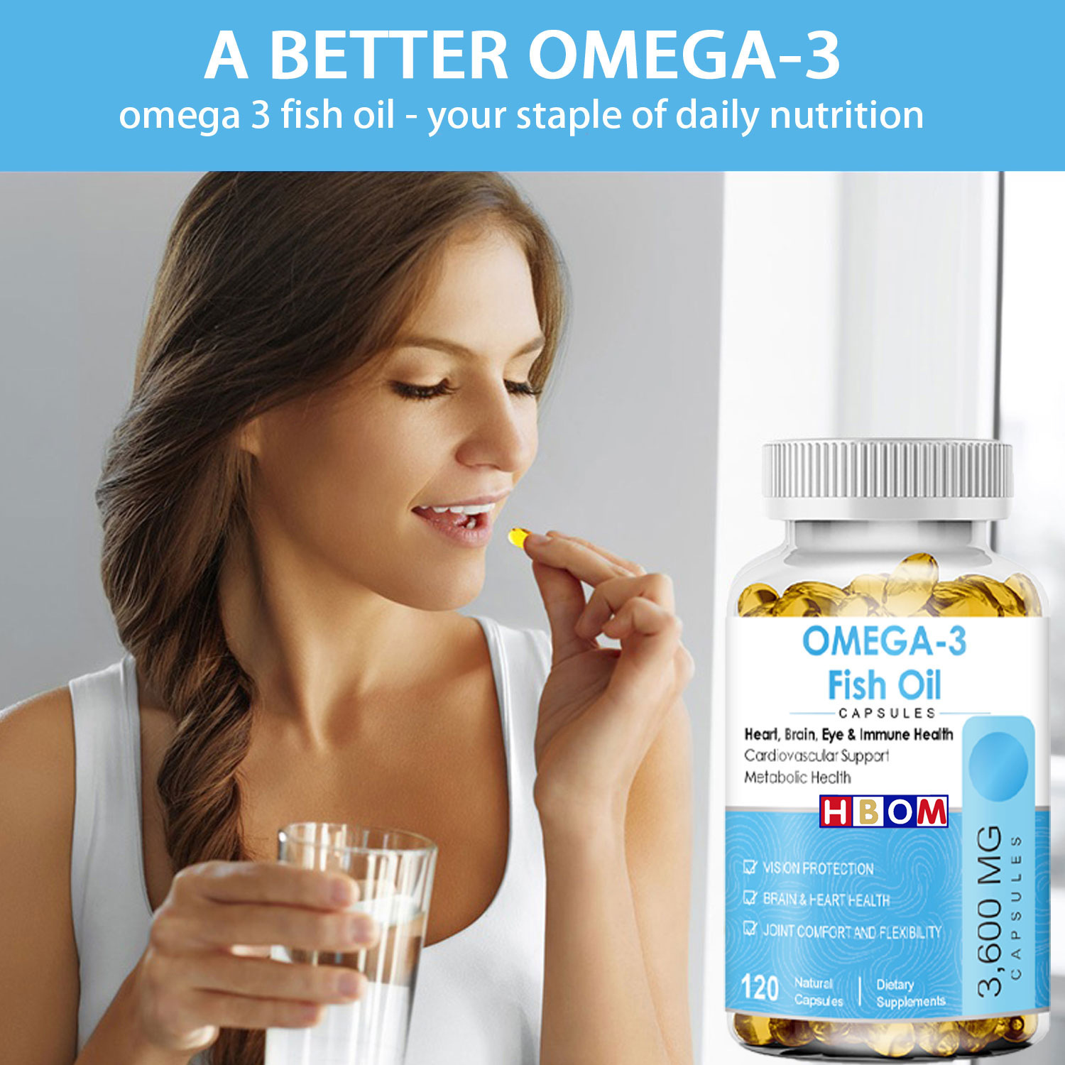 HBOM Fish Oil Omega-3 EPA DHA Deep Sea Fish Oil Beauty Tablets Capsules Effective Skin Brightening Heart Brain Care 120 Capsules