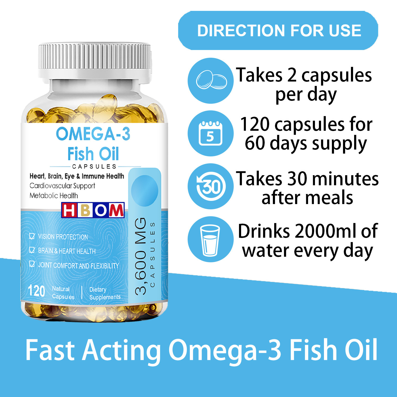 HBOM Fish Oil Omega-3 EPA DHA Deep Sea Fish Oil Beauty Tablets Capsules Effective Skin Brightening Heart Brain Care 120 Capsules