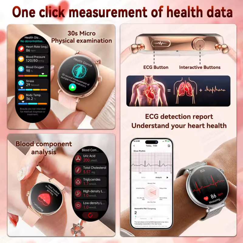 2026 New Women's Health Care Smartwatch ECG Blood Pressure Uric Acid Blood Lipids Sports IP68K Bluetooth call Fashion Smartwatc