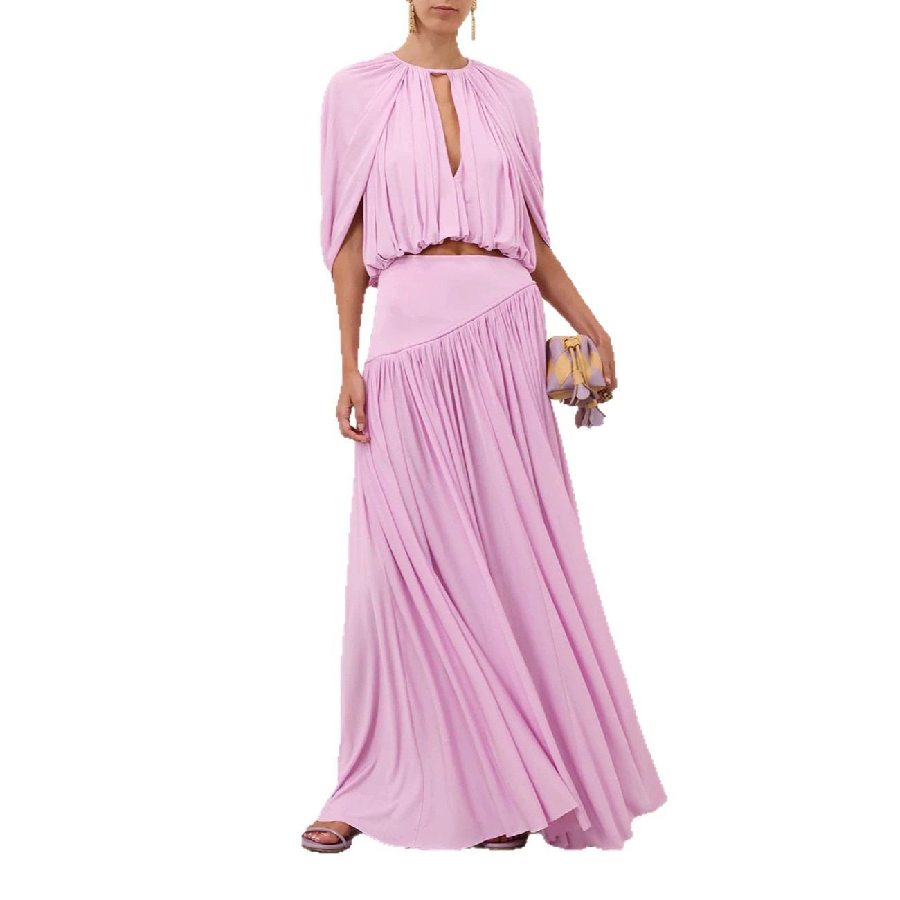 Free delivery of high-quality 2026 new summer women's clothing hot selling cape pleated umbrella skirt two-piece set