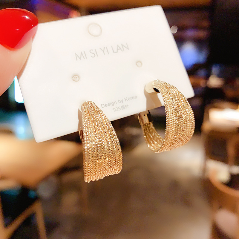 Women's S925 Silver Stud Earrings with Metallic Ring Design, Trendy and Unique, Light Luxury Style