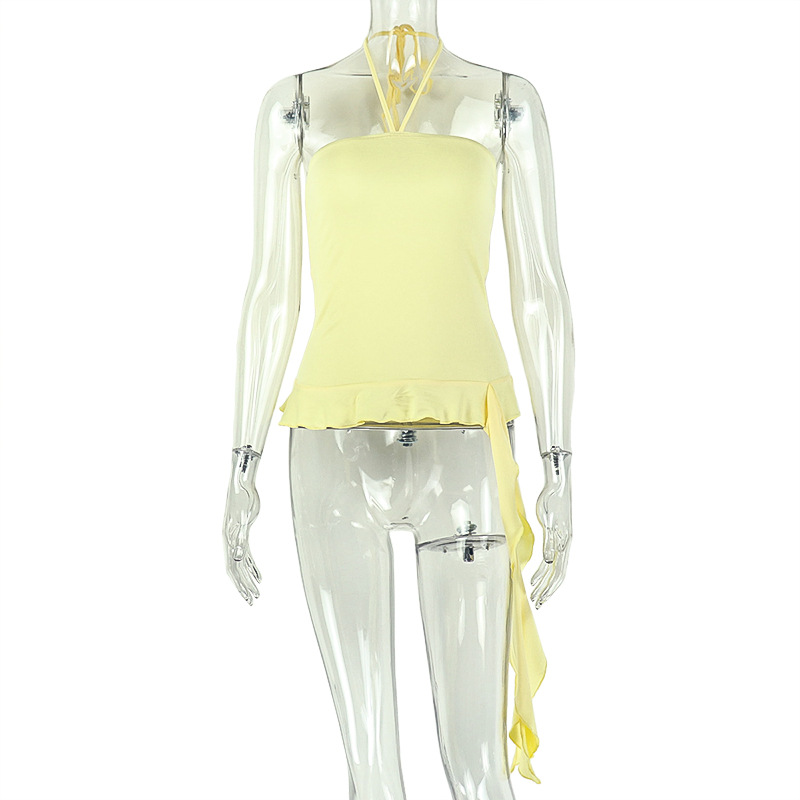 Elegant Halter Neck Camisole Women Sexy Backless Ruffled Crop Top Summer Solid Yellow Sleeveless Club Party Outfits