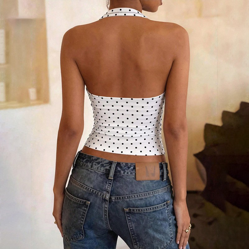 Polka Dot Print Crop Tank Top Square Collar Hanging Neck Backless Crop Top Solid Color Slim Fit Women's Crop Top Summer Wear