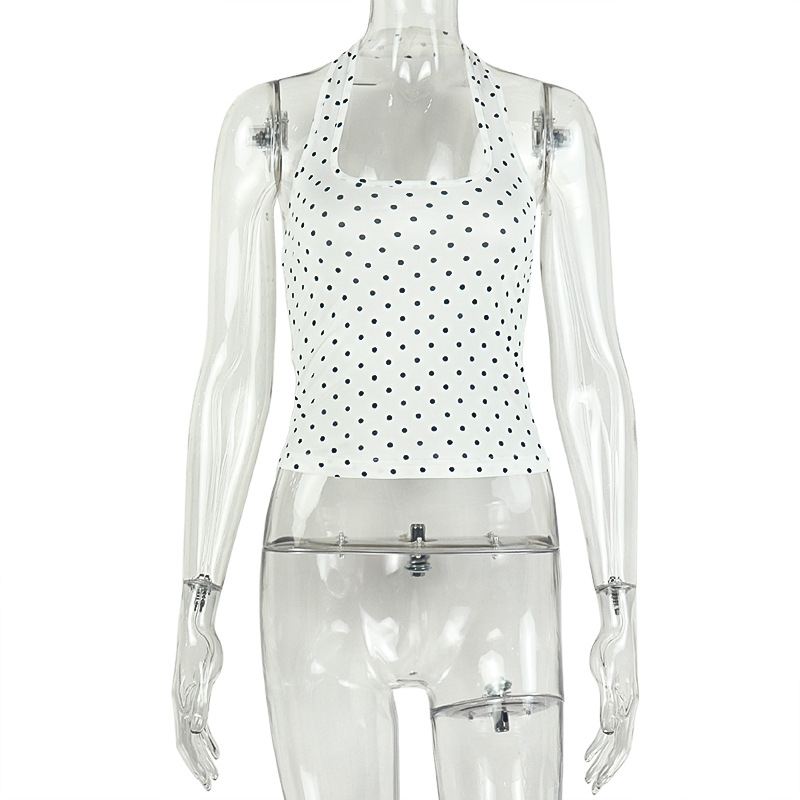Polka Dot Print Crop Tank Top Square Collar Hanging Neck Backless Crop Top Solid Color Slim Fit Women's Crop Top Summer Wear