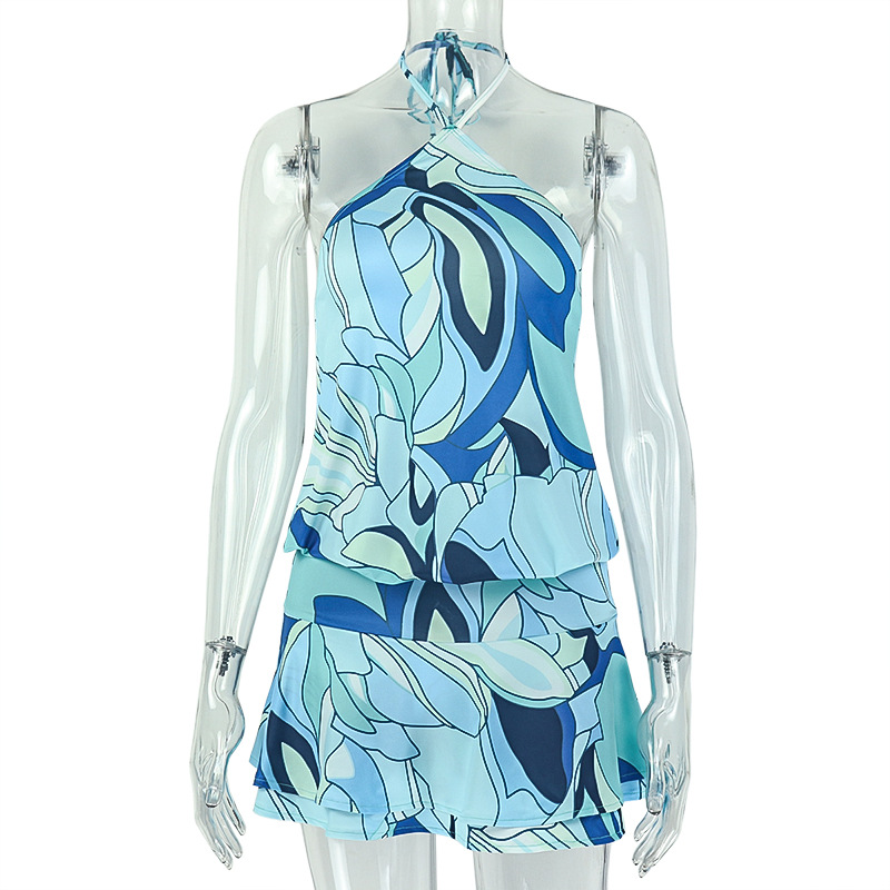 Sexy Back Tie Halter Printed Mini Dress Women's Sleeveless Backless Layered Ruffle Hem Slim Vacation Beach Summer Dress