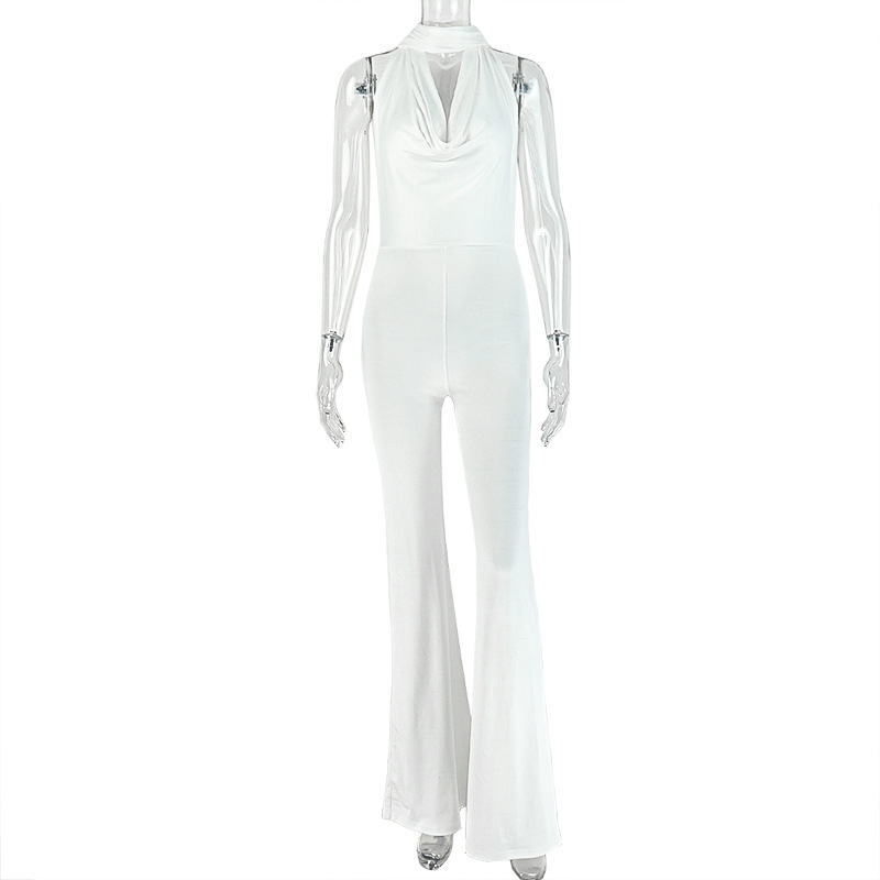 Women Elegant Sexy Ribbon Halter Flare Jumpsuits Sexy Swinging Collar Backless Ruched Peach Hip Slim Boot Cut Party Overalls