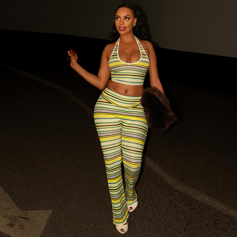 Women Striped Print 2 Piece Set Casual Backless Halter Crop Tank Top and Ruched Wasit Flared Pants Matching Tracksuits
