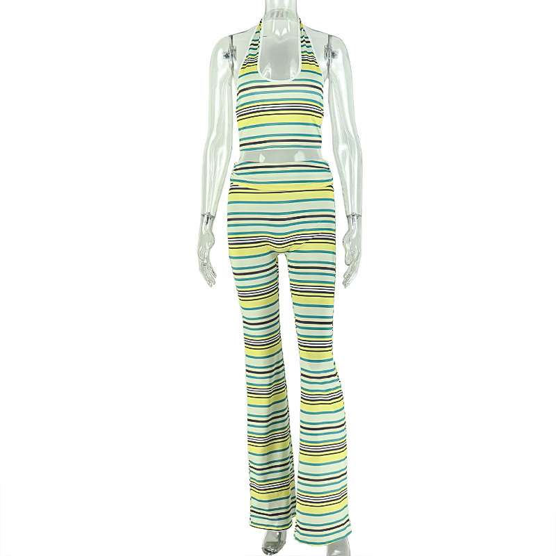 Women Striped Print 2 Piece Set Casual Backless Halter Crop Tank Top and Ruched Wasit Flared Pants Matching Tracksuits
