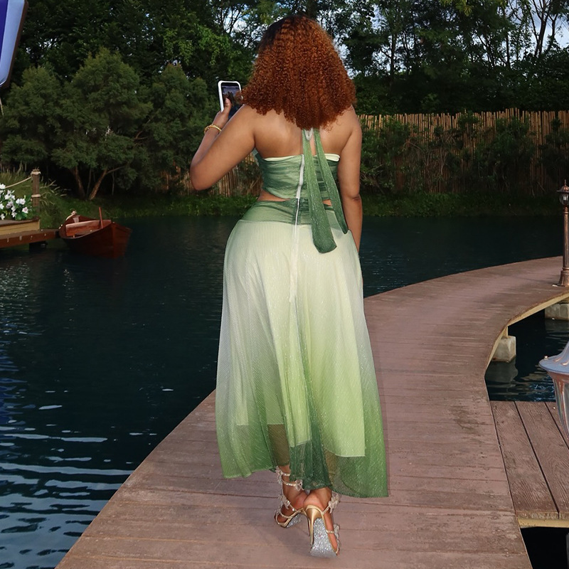 Gradient Green Mesh Patchwork 2 Piece Set Women Sexy Halter Cutout Crop Top+Maxi Skirt Matching Beach Vacation Outfits