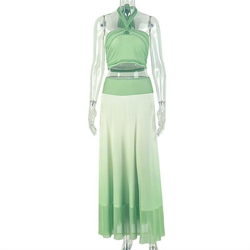 Gradient Green Mesh Patchwork 2 Piece Set Women Sexy Halter Cutout Crop Top+Maxi Skirt Matching Beach Vacation Outfits