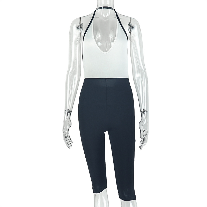 Women Black and White Patchwork Halter Playsuits Sexy Backless V-neck Sleeveless Skinny Rompers Y2k Streetwear Sportswear