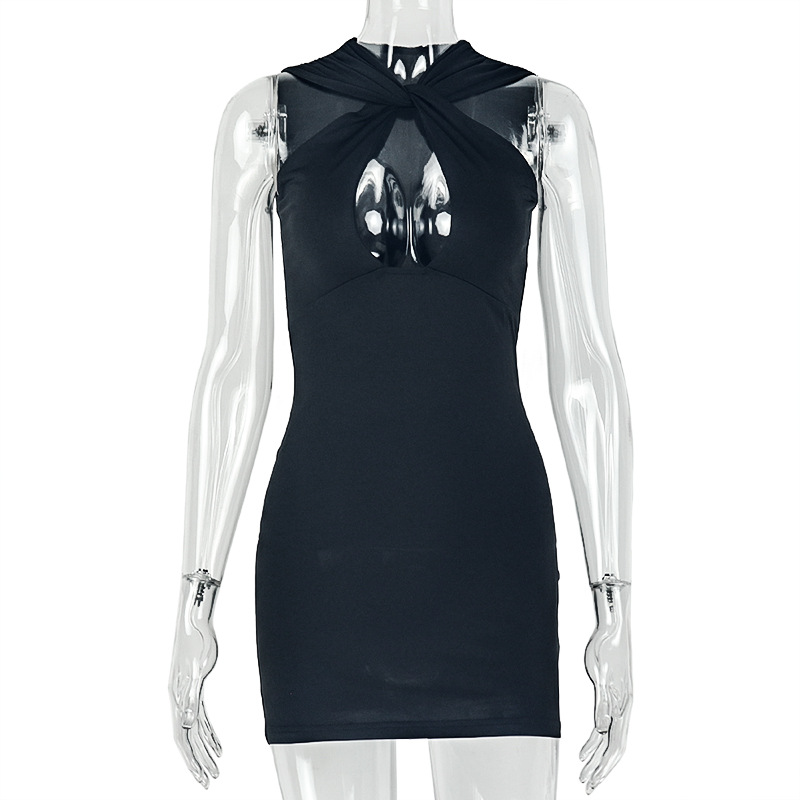 Women Cutout Bodycon Mini Black Dress Sexy Sleeveless Hollow Out Chest Wrap Slim Pencil Dress Night Club Party Outfits