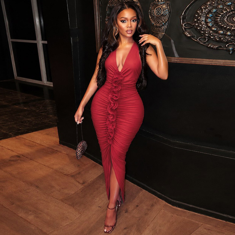 Fashion independent women's night party wrap up skirt V-neck sexy sleeveless slit dress