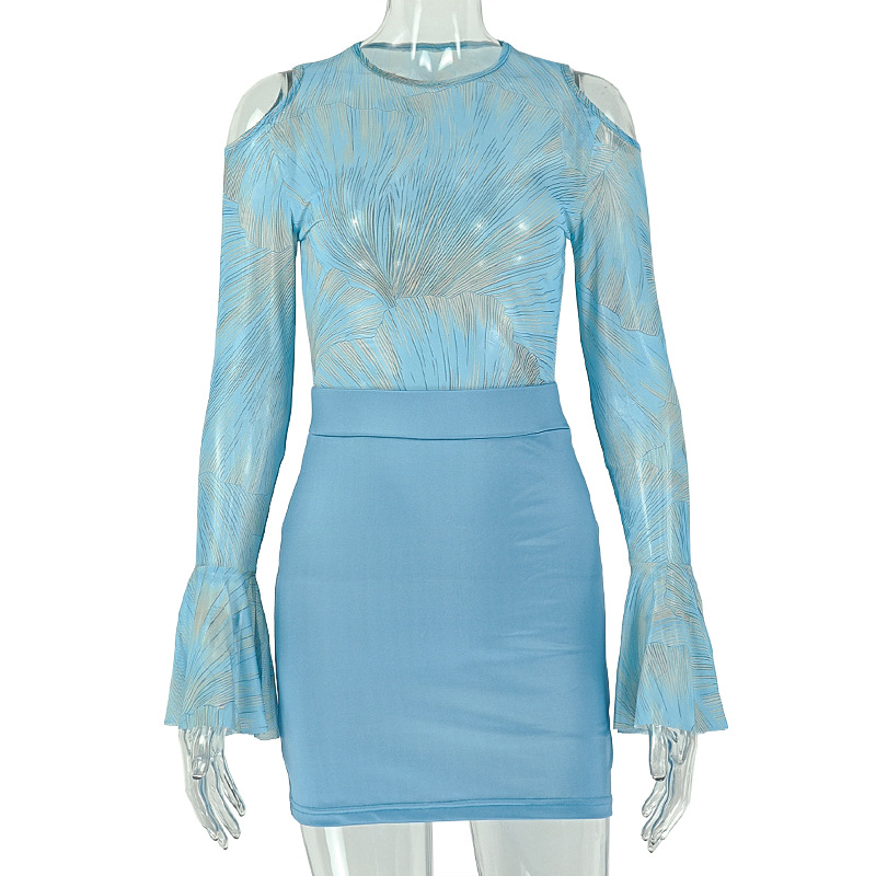 Blue Print Mesh Patchwork Mini Dress Women Sexy See Through Cold Shoulder Flare Long Sleeve Bodycon Dress Party Clubwear