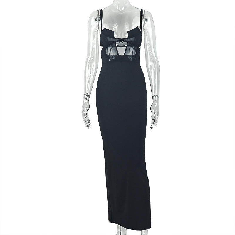 Pure Color Slim Fit Backless Sexy Split Wrap Chest Hiking Dress Street Style Trendy Long Skirt Polyester Blend