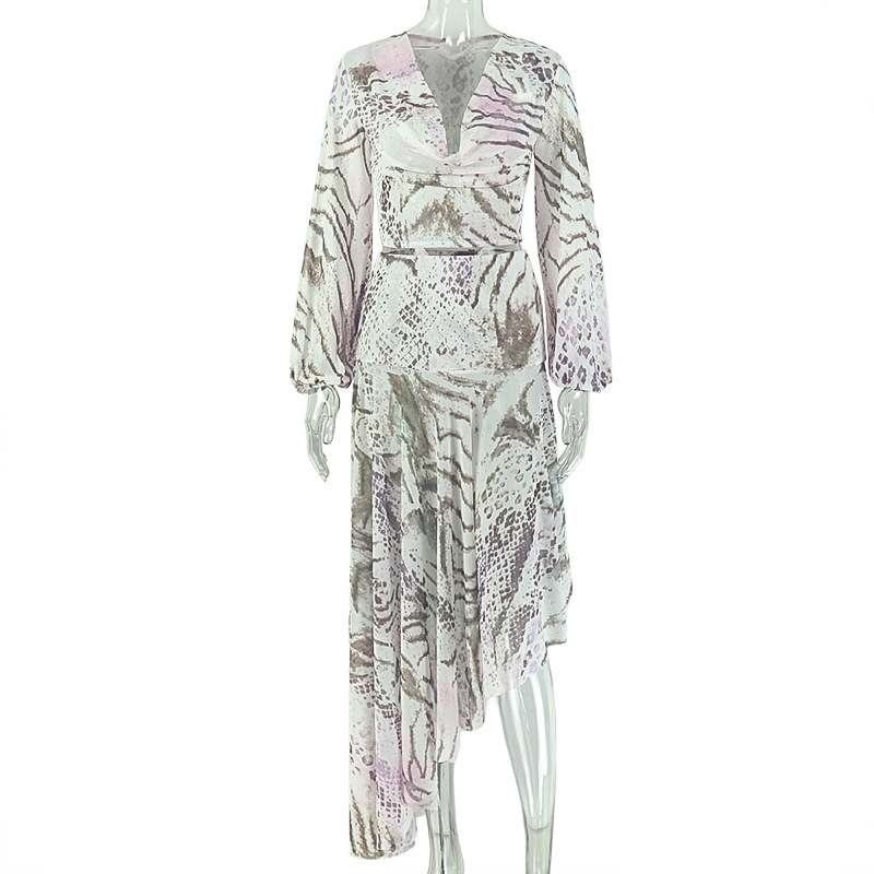 Mixed Snake Zebra Print Mesh 2 Piece Set Women V Neck Long Sleeve Crop Top+ Asymmetrical Midi Skirt Matching Streetwear