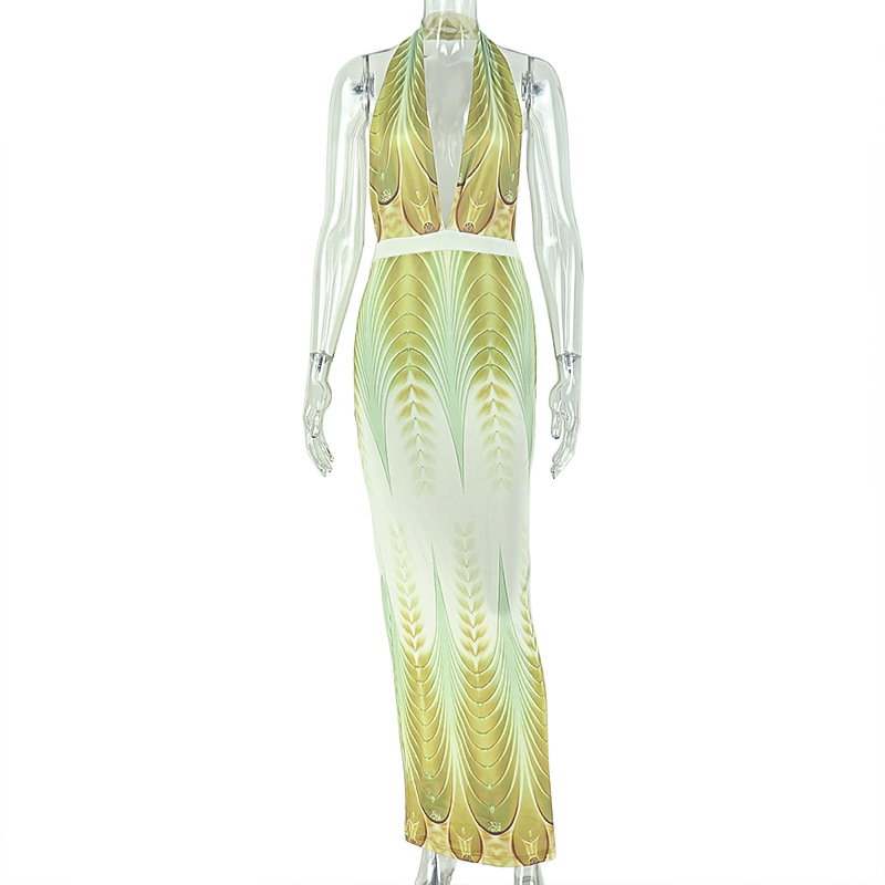 Gradient Feather Print Halter Neck Deep V Bodycon Maxi Dress for Women Elegant Sleeveless Backless Evening Party Dress