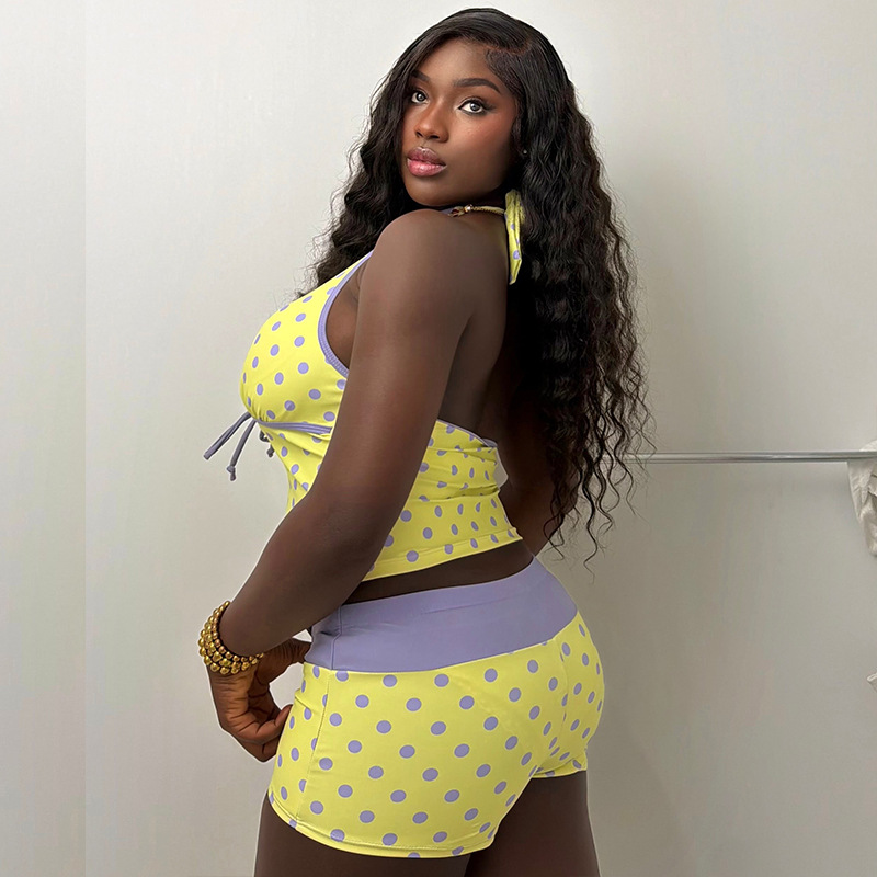 Women Yellow Purple Polka Dot 2 Piece Set Sexy Bow Decorate Halter V-neck Crop Top+Shorts Matching Tracksuits Streetwear