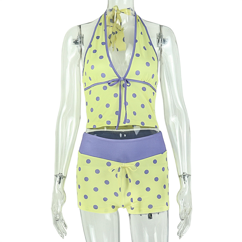 Women Yellow Purple Polka Dot 2 Piece Set Sexy Bow Decorate Halter V-neck Crop Top+Shorts Matching Tracksuits Streetwear