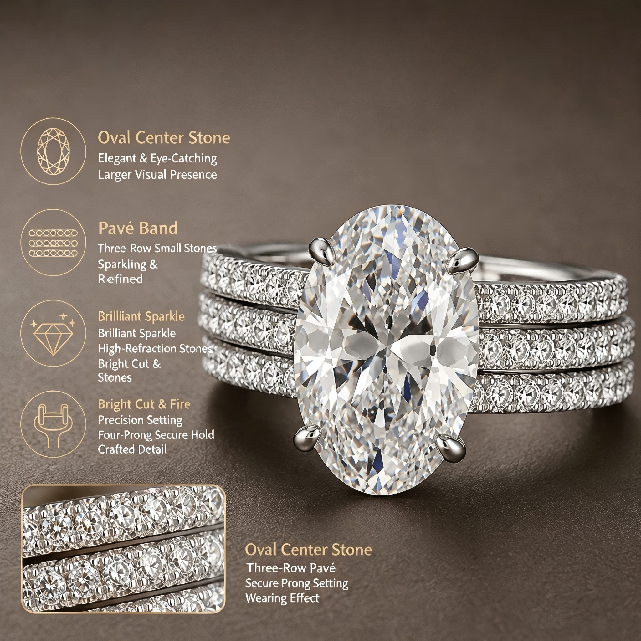 3 in 1 Engagement Proposal Wedding Women's Ring Set , Full Pavé Sparkling Oval Cubic Zirconia Solitaire, Ring box included