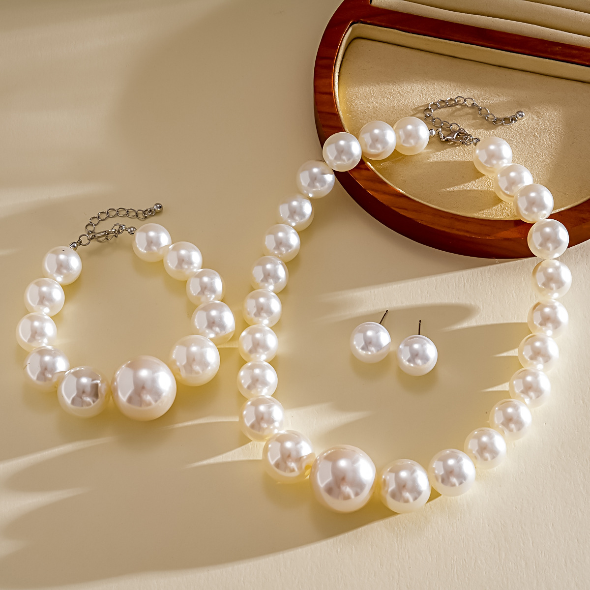 Classic Large Round Pearl Jewelry Set, Necklace Bracelet Stud Earrings for African Women