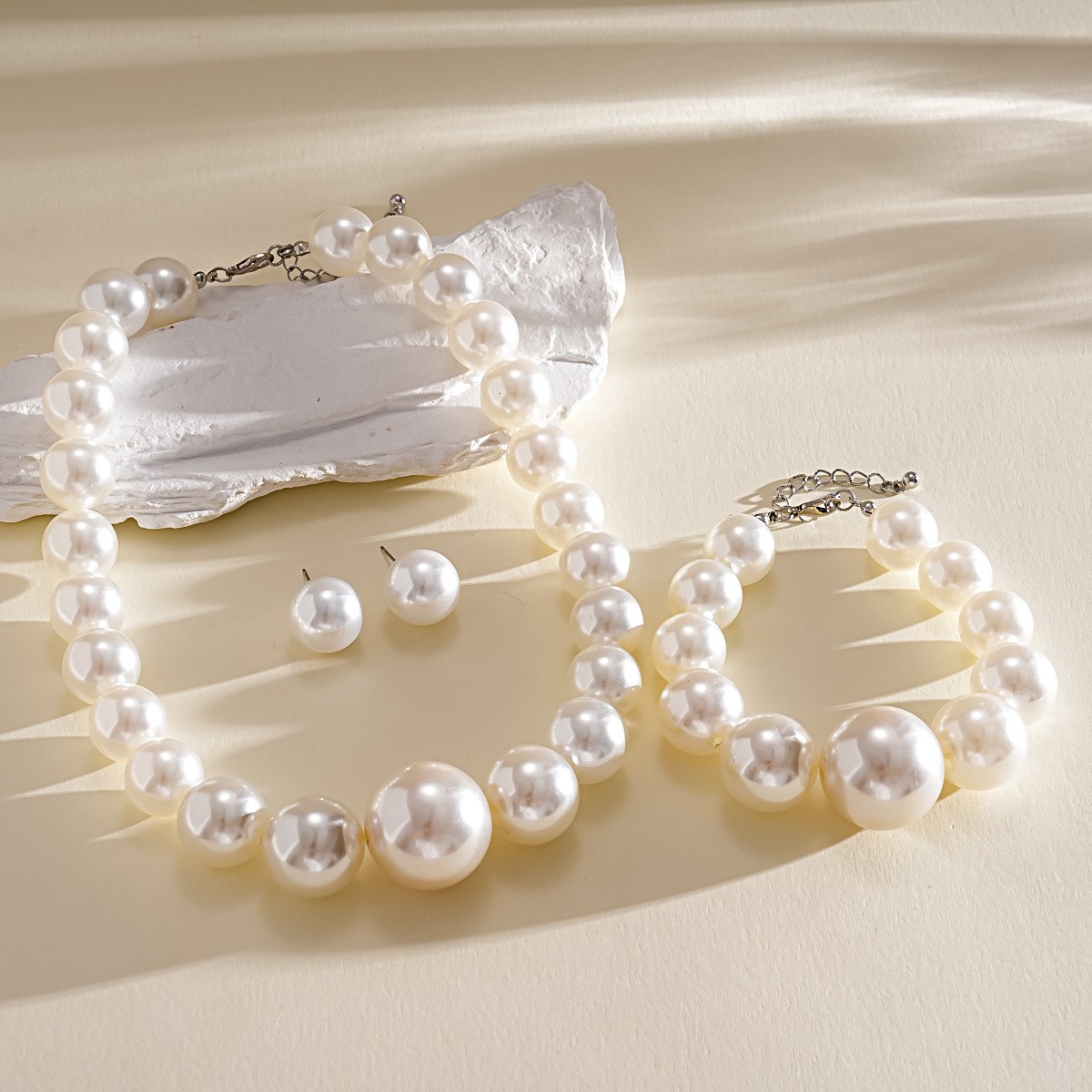 Classic Large Round Pearl Jewelry Set, Necklace Bracelet Stud Earrings for African Women