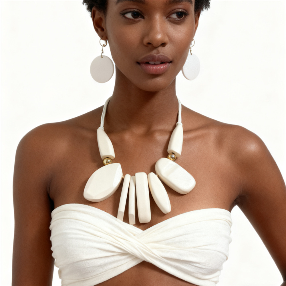 Geometric White Wooden Statement Necklace & Round Earring Jewelry Set for African Women