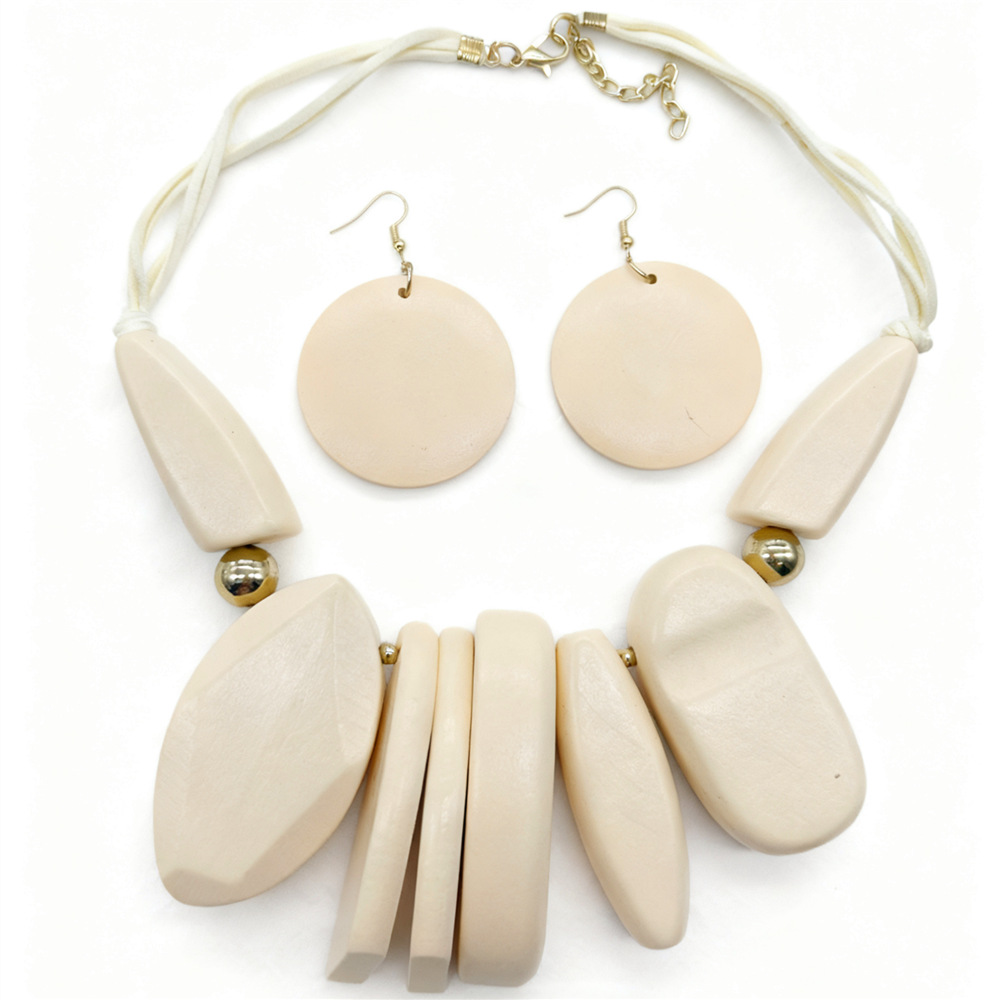 Geometric White Wooden Statement Necklace & Round Earring Jewelry Set for African Women