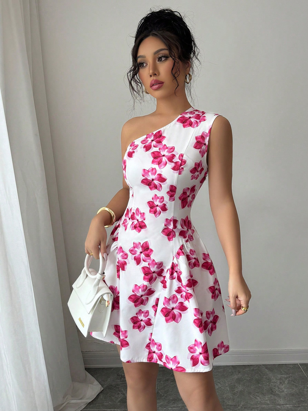 New European and American Summer Ladies' sexy slanted shoulder printed waist cinching dress Pink flower short A-line skirt