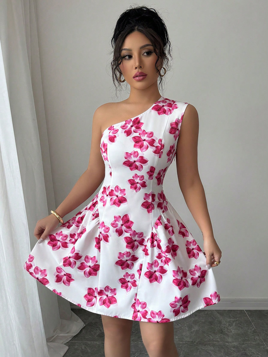 New European and American Summer Ladies' sexy slanted shoulder printed waist cinching dress Pink flower short A-line skirt