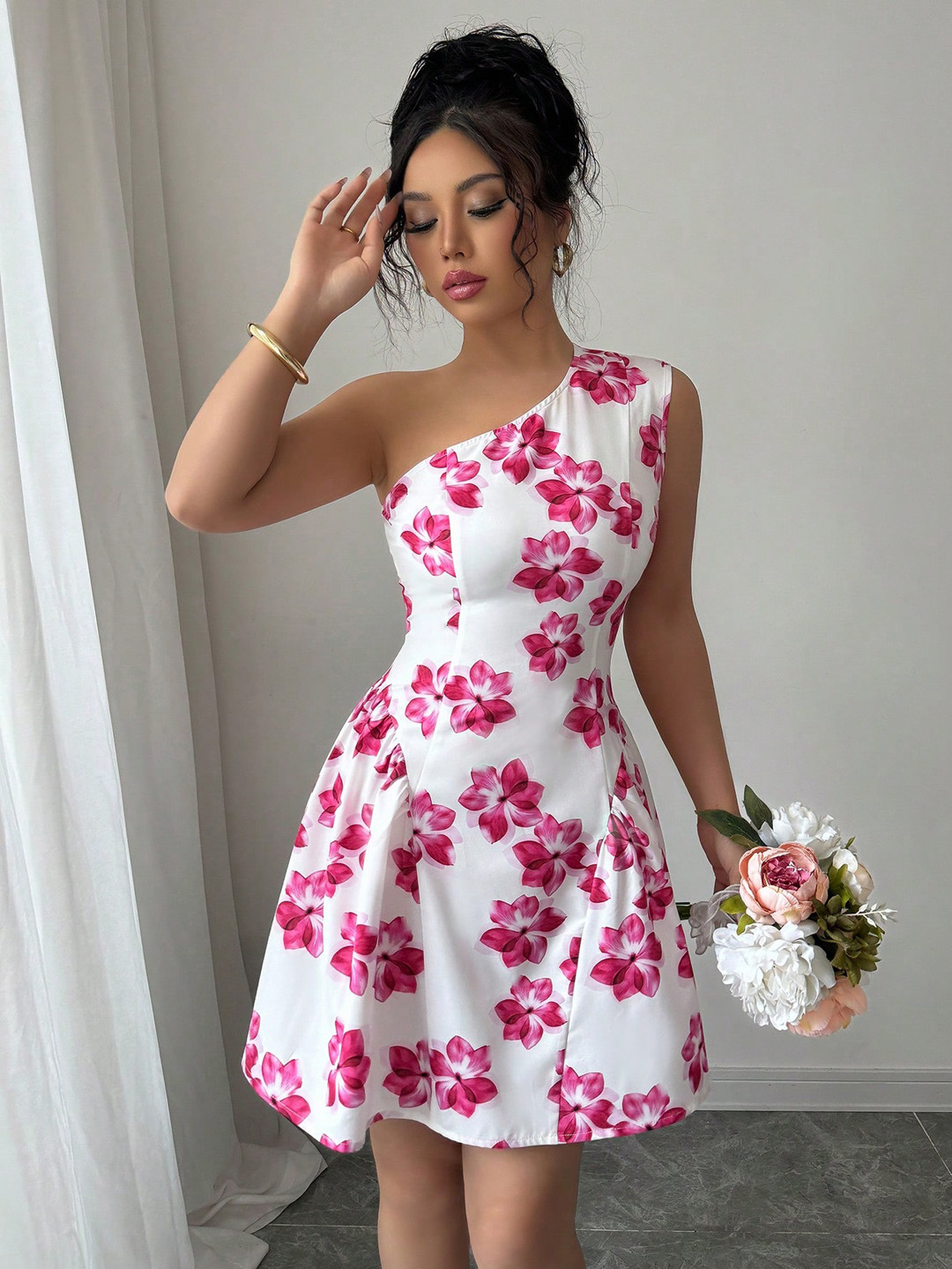 New European and American Summer Ladies' sexy slanted shoulder printed waist cinching dress Pink flower short A-line skirt