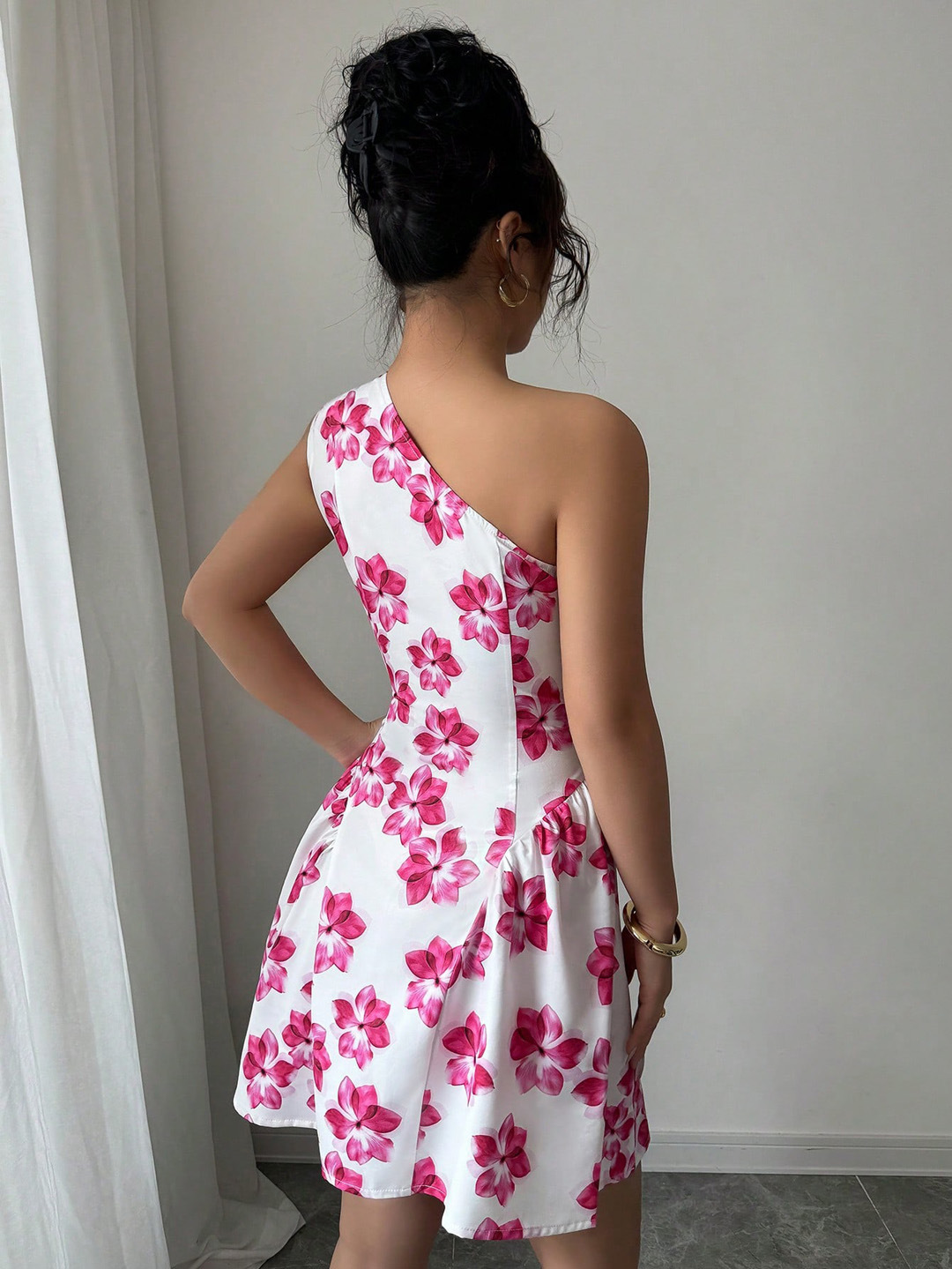 New European and American Summer Ladies' sexy slanted shoulder printed waist cinching dress Pink flower short A-line skirt
