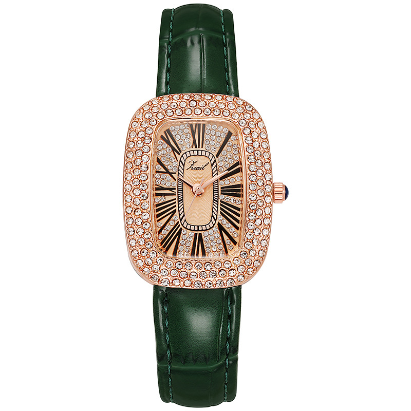 Trendy and fashionable women's leather strap watch with diamond inlay, water diamond wine barrel, women's quartz watch