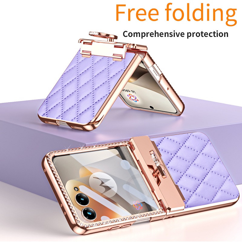 Tempered Film Phone Case for Motorola Razr 70 Ultra 60 50 Ring Holder Electroplated Luxury Leather Glitter Bling Diamond Case
