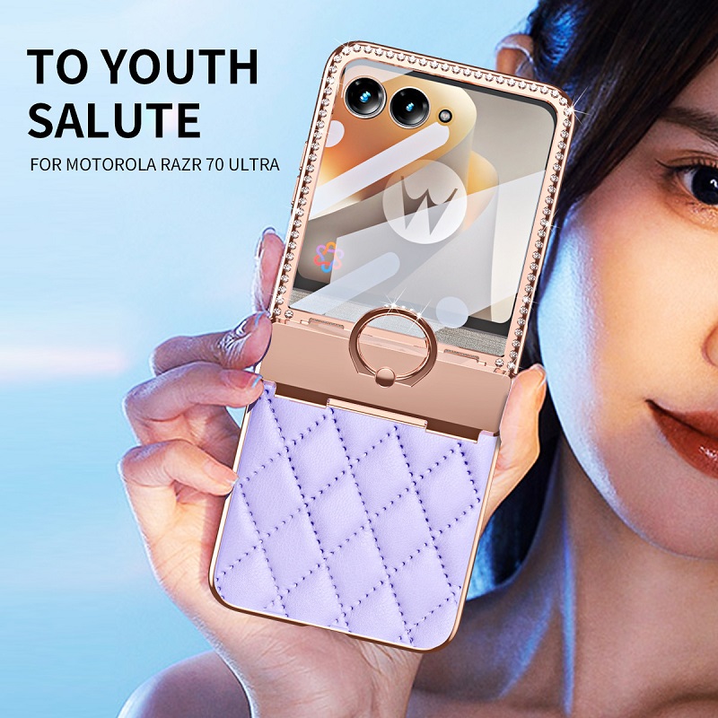 Tempered Film Phone Case for Motorola Razr 70 Ultra 60 50 Ring Holder Electroplated Luxury Leather Glitter Bling Diamond Case