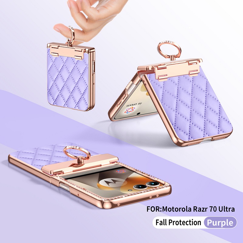 Tempered Film Phone Case for Motorola Razr 70 Ultra 60 50 Ring Holder Electroplated Luxury Leather Glitter Bling Diamond Case