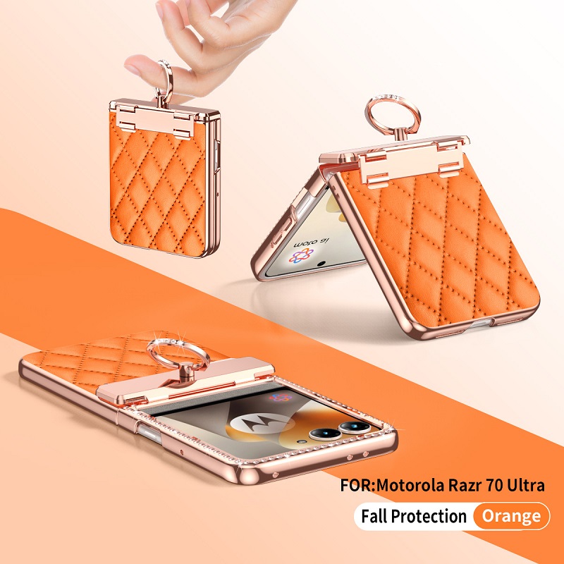 Tempered Film Phone Case for Motorola Razr 70 Ultra 60 50 Ring Holder Electroplated Luxury Leather Glitter Bling Diamond Case