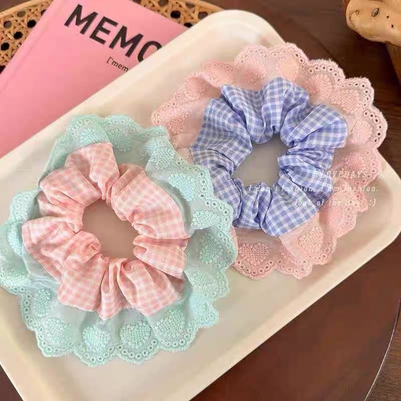 Mint Sweet Peach Lace-Trimmed Plaid Hair Hoop – Ultra-Soft Stretch Intestine-Style Headband, 2026 Trendy Sweet Aesthetic