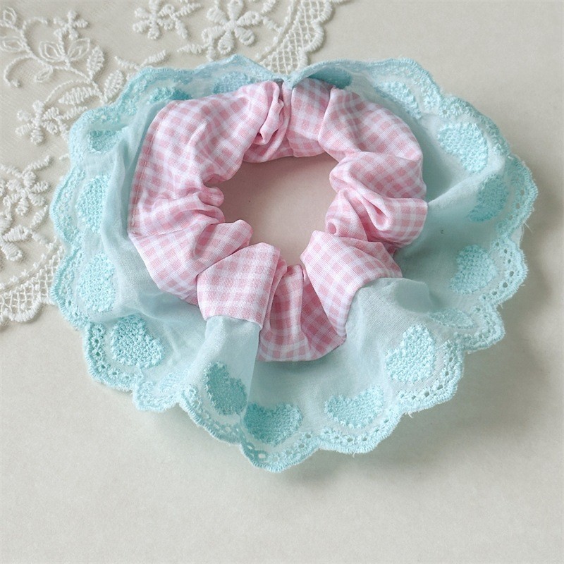 Mint Sweet Peach Lace-Trimmed Plaid Hair Hoop – Ultra-Soft Stretch Intestine-Style Headband, 2026 Trendy Sweet Aesthetic
