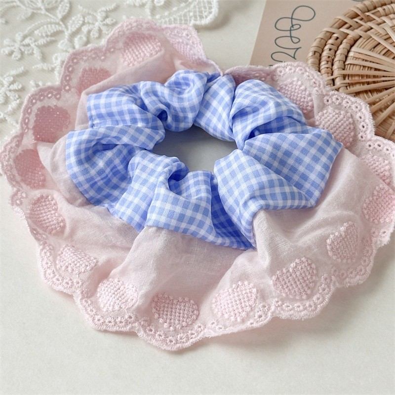 Mint Sweet Peach Lace-Trimmed Plaid Hair Hoop – Ultra-Soft Stretch Intestine-Style Headband, 2026 Trendy Sweet Aesthetic
